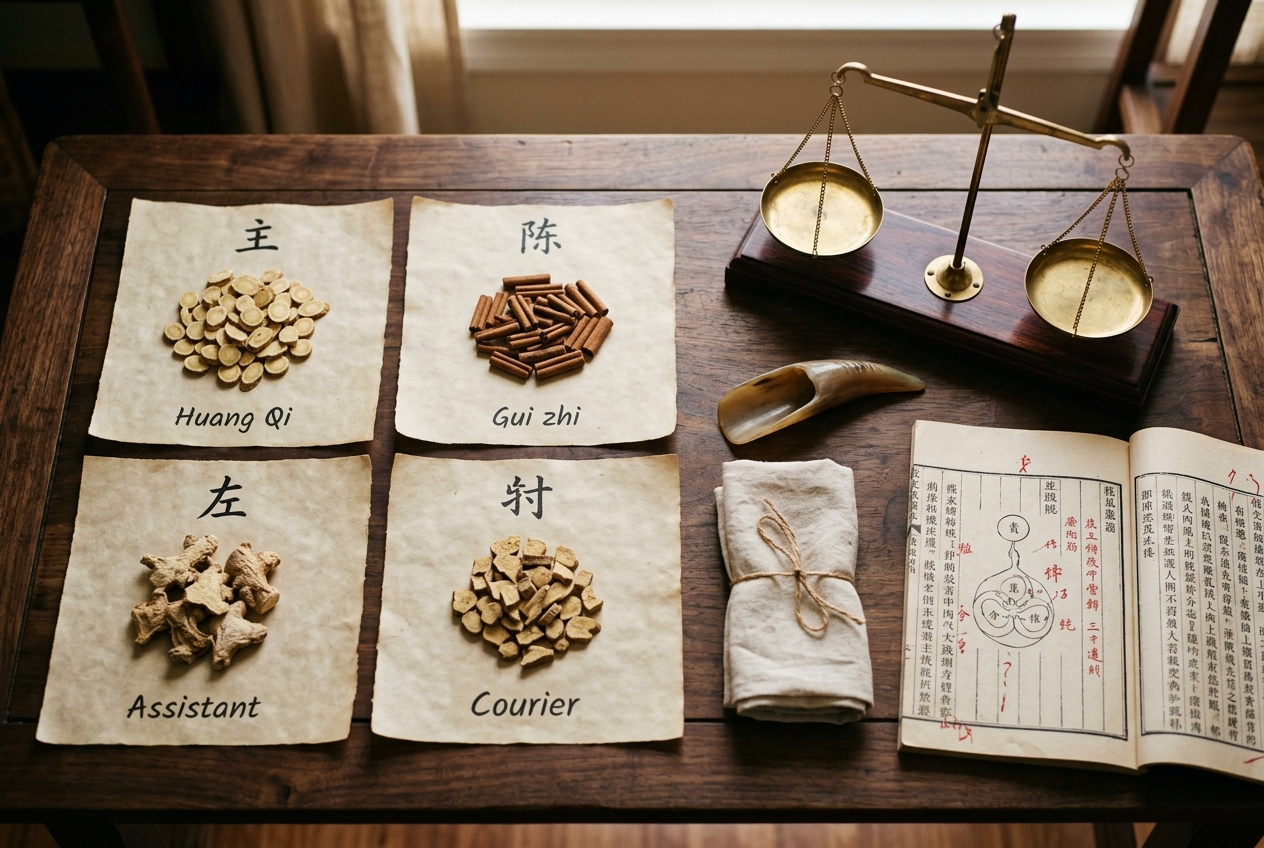 Herbal Formula Architecture (Jun Chen Zuo Shi) Prescription Dynamics: Governing Sovereign, Minister, Assistant, and Courier Synergies in Traditional Chinese Medicine