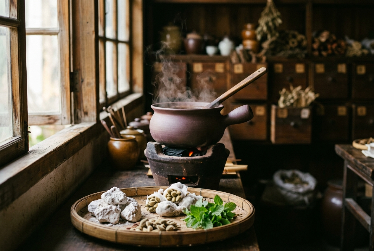 Herbal Decoction and Administration (Jian Fu Fa) Extraction Dynamics: Governing Pre-Decocting, Post-Adding, Thermal Ingestion Vectors, and Chronopharmacology in Traditional Chinese Medicine