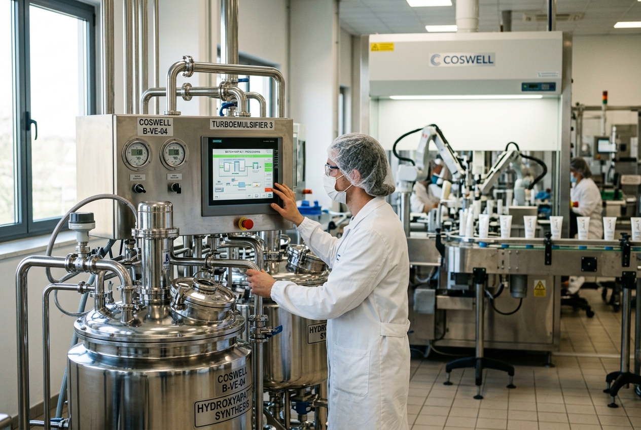 Stabilimento Coswell Di Funo Di Argelato: L'Ingegneria Dei Nanomateriali Biomimetici Tra Sintesi Dell'Idrossiapatite MicroRepair, Reologia Tissotropica E Confezionamento Asettico Ad Alta Velocità
