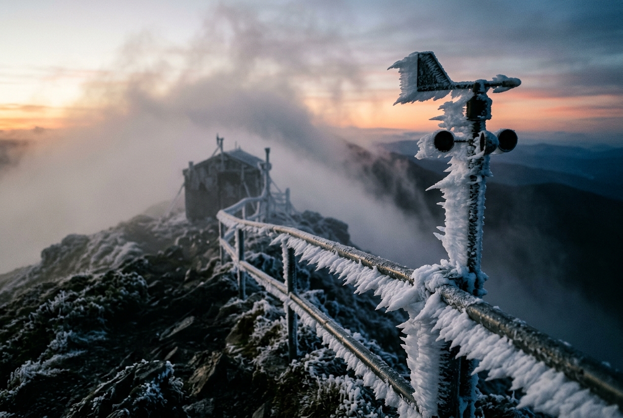 Freezing Fog & Rime Ice Deposition: How Supercooled Droplet Impaction and Latent Heat Dissipation Sculpt Mountain Frost Spires