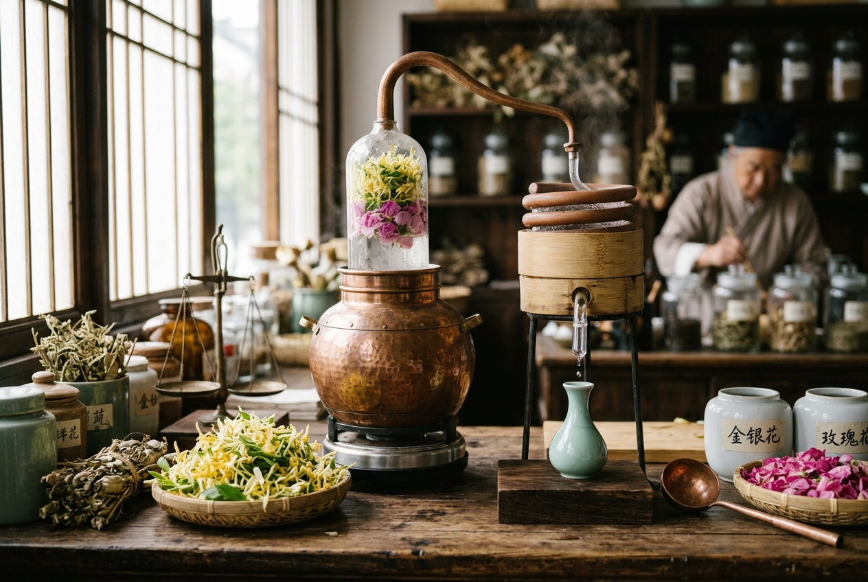 Medicinal Dew Therapy (Yao Lu Fa) Dietary Dynamics: Governing Steam Distillation Extraction, Volatile Aromatic Condensation, Upper Burner Heat Clearance, and Delicate Visceral Harmonization in Traditional Chinese Medicine